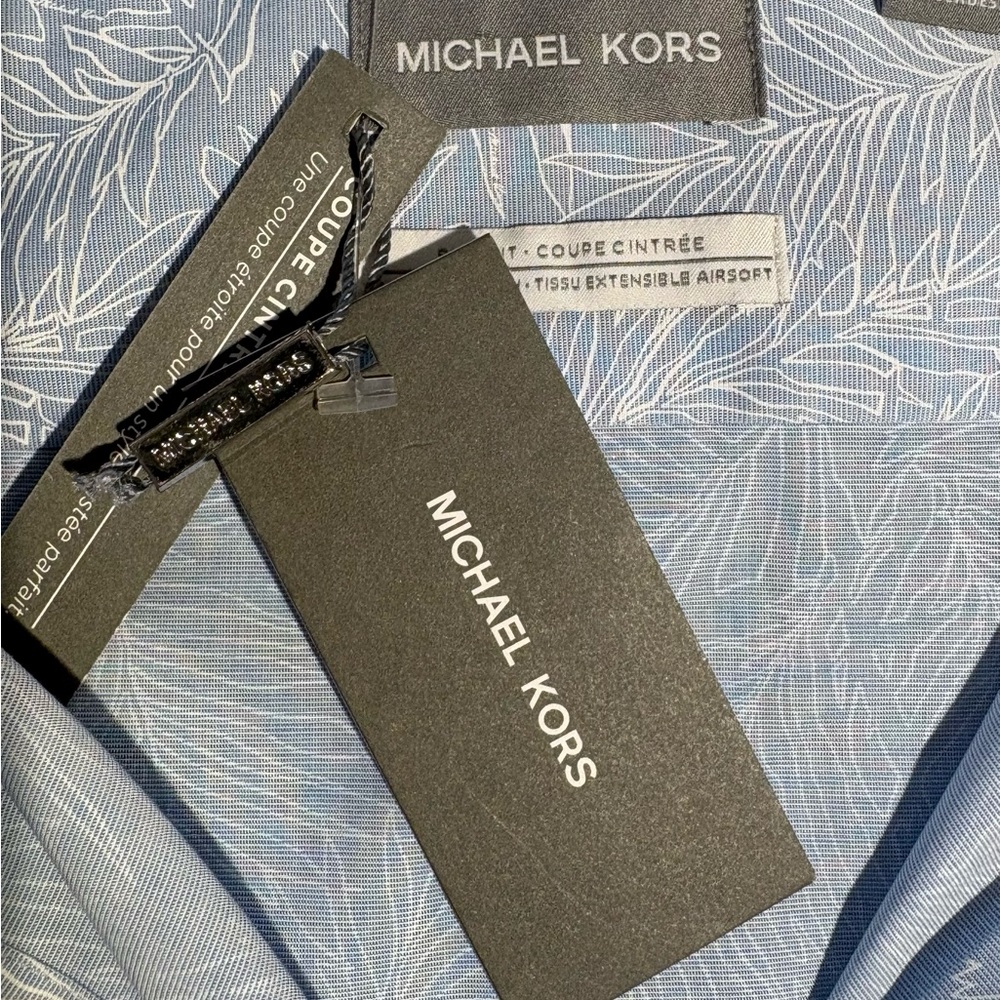 NWT MICHAEL KORS Slim Fit Non-Iron Dress Shirt Airsoft Leaf Print 14.5 32/33💛 - Picture 9 of 13
